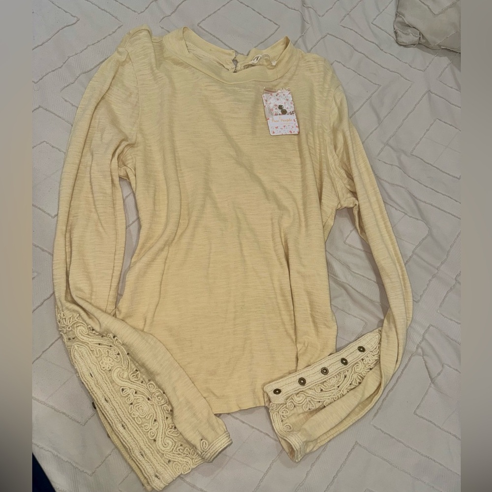 Free People Cream Blouse with Embroidered Sleeves